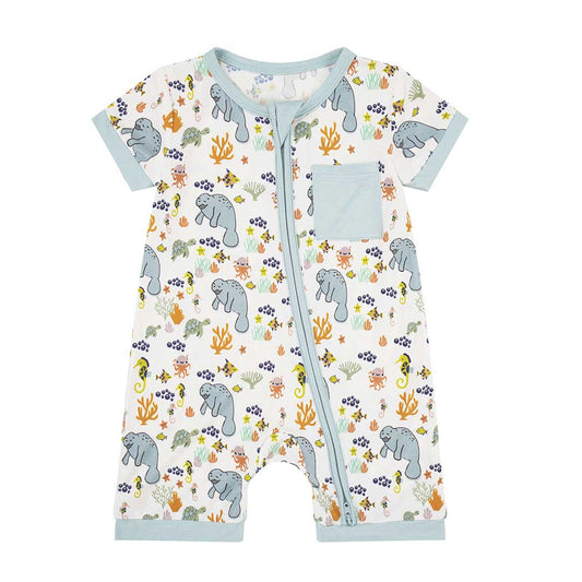 the "manatee" bamboo shortie. the print "manatee" unites the florida sea life in a majestic print. there is a variation of florida manatees, yellow and pink sea horses, yellow and pink starfish, bubbles, turtles, and coral patterned across a white background