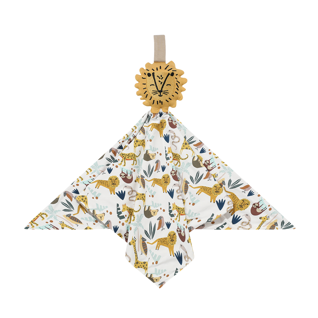 the "jungle friends" lion lovey. the "jungle friends" print is a mix of jungle animals that include giraffes, lions, cheetahs, sloths, snakes, and forest plants.