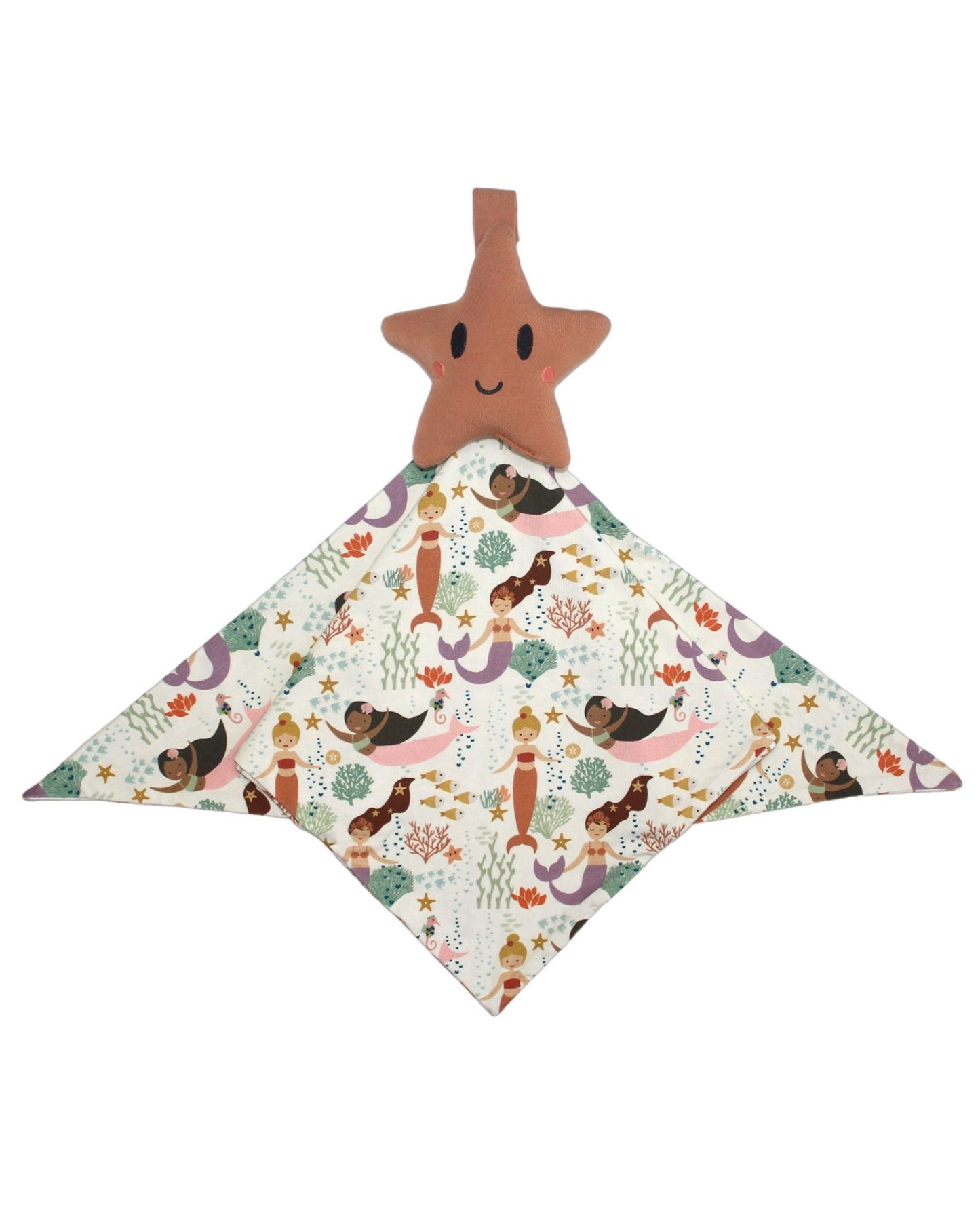the "making waves" lovey. the lovey is a "making waves" printed blanket with a starfish at the top. the "making waves" print has a diverse spread of mermaids, sea coral, starfish, fish, and bubbles all spread out in different colors. this is all put on a beige background.