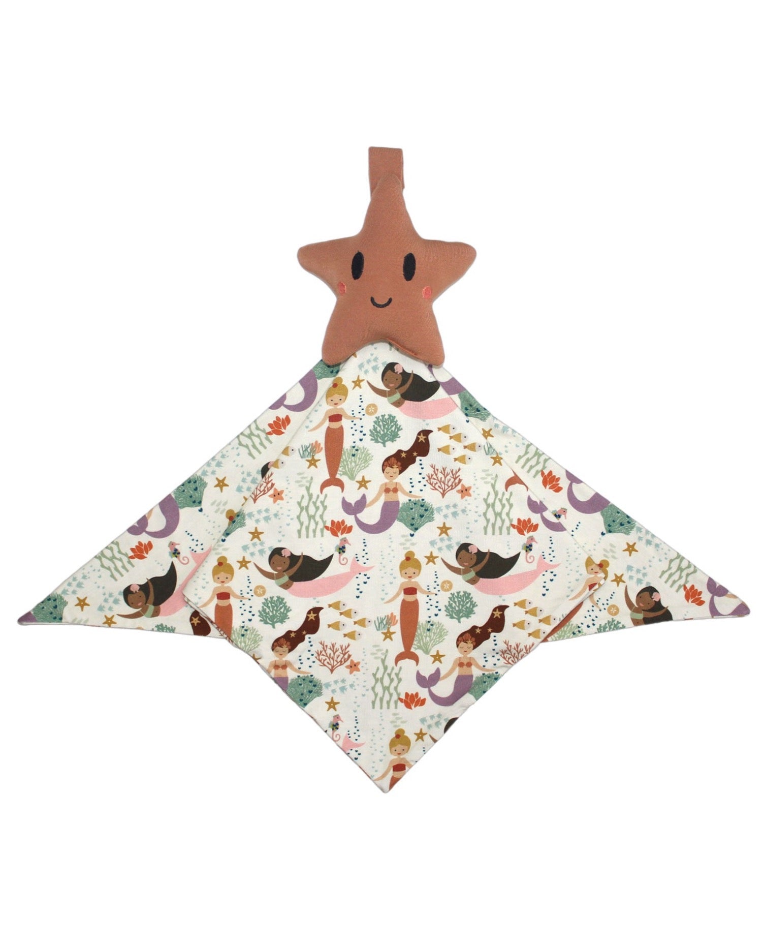 the "making waves" lovey. the lovey is a "making waves" printed blanket with a starfish at the top. the "making waves" print has a diverse spread of mermaids, sea coral, starfish, fish, and bubbles all spread out in different colors. this is all put on a beige background.