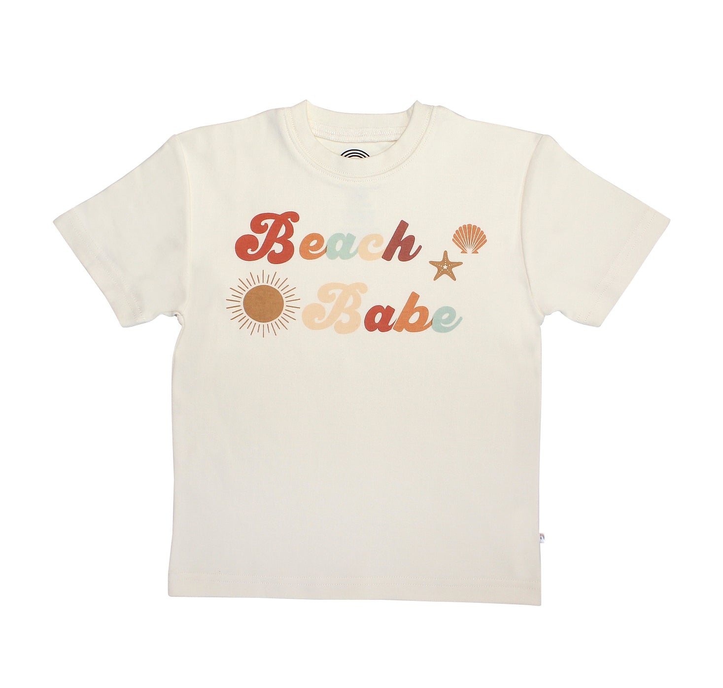 the "beach babe" cotton t-shirt. the word 'beach babe' is spelt out in a groovy font with a sun, starfish, and shell surrounding it.