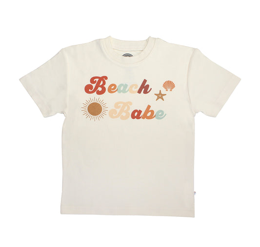 the "beach babe" cotton t-shirt. the word 'beach babe' is spelt out in a groovy font with a sun, starfish, and shell surrounding it.