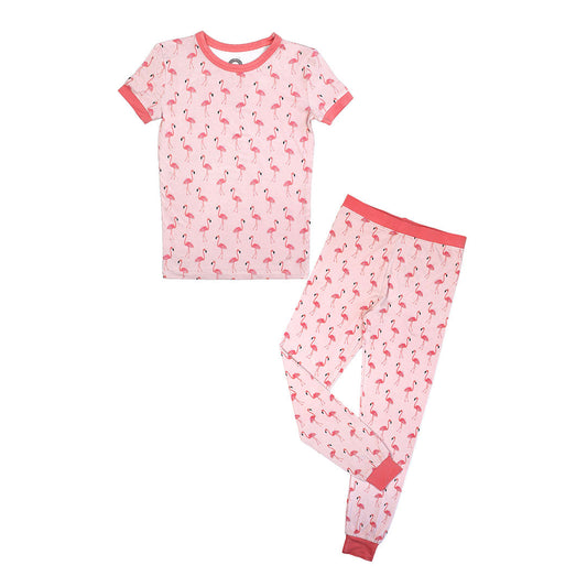 the "fancy flamingos" matching 2 piece pajama set. the "fancy flamingos" print is a pattern of multiple pink flamingoes scattered around the print.
