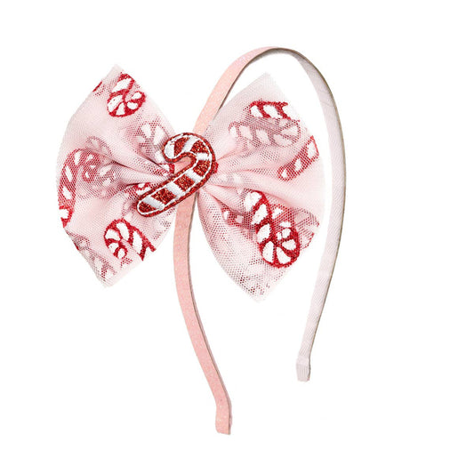 Pink headband with a large tulle bow decorated with red glitter candy cane patterns, featuring a glittery candy cane embellishment in the center.