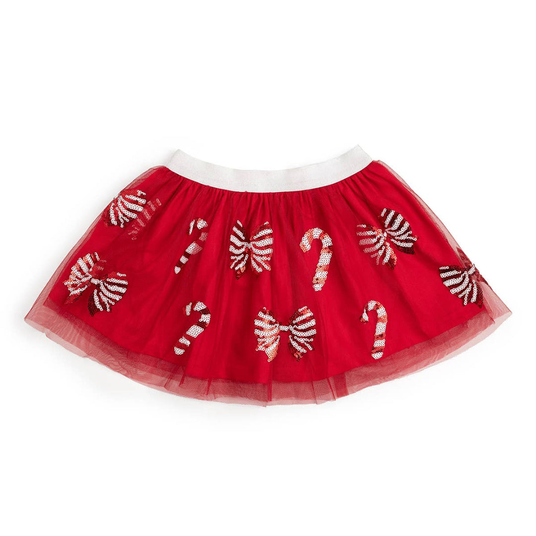 Red tulle tutu skirt with a white elastic waistband, decorated with sequin candy canes and striped bows in festive holiday colors.