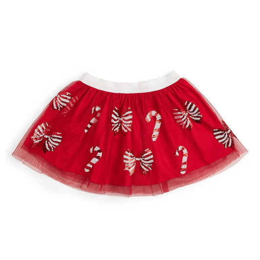 Red tulle tutu skirt with a white elastic waistband, decorated with sequin candy canes and striped bows in festive holiday colors.