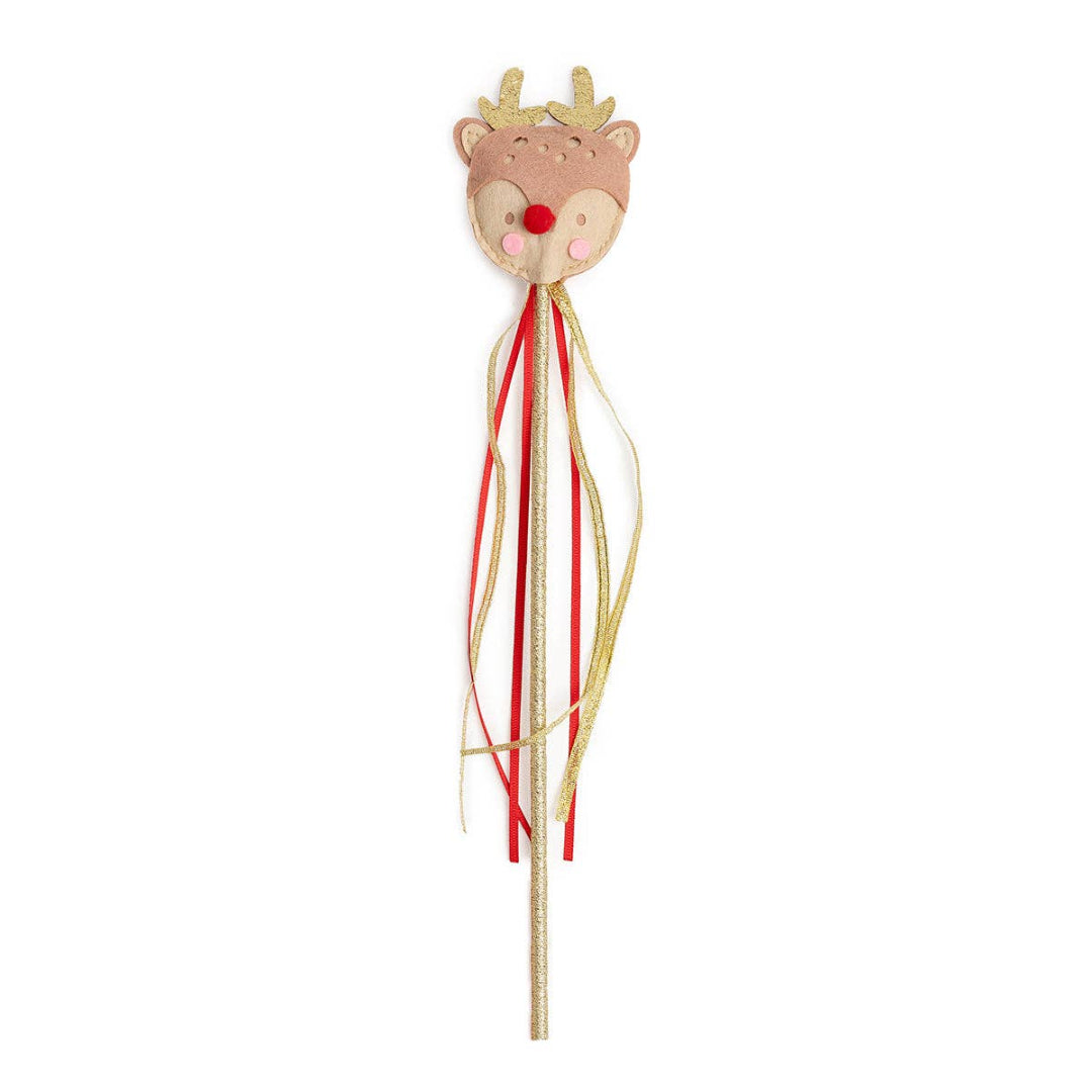 Reindeer-themed Christmas wand featuring a reindeer face with gold glitter antlers, a red pom-pom nose, and pink cheeks, accented with dangling red and gold ribbon streamers.