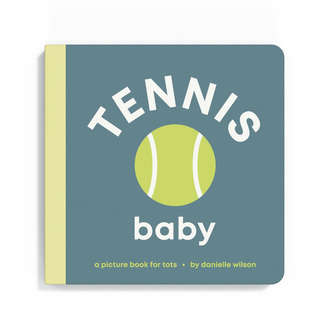 a book called tennis baby that is blue in color and has a tennis ball on the cover