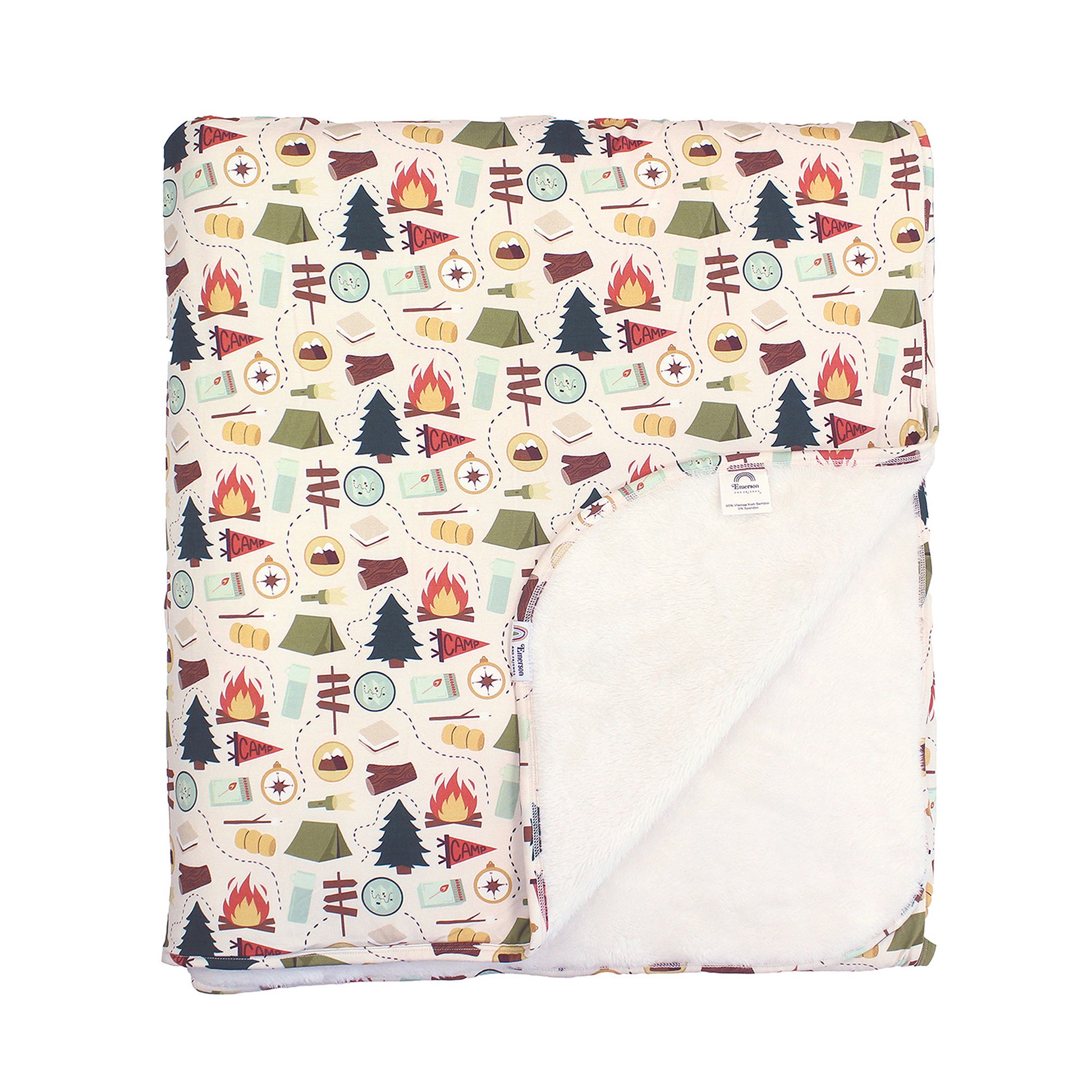 Emerson and Friends Camp Emerson Twin Camping Bamboo and Fleece Throw Blanket, featuring a cozy camping-themed print with tents, campfires, trees, and s’mores on a soft bamboo top with plush white fleece backing for extra warmth.
