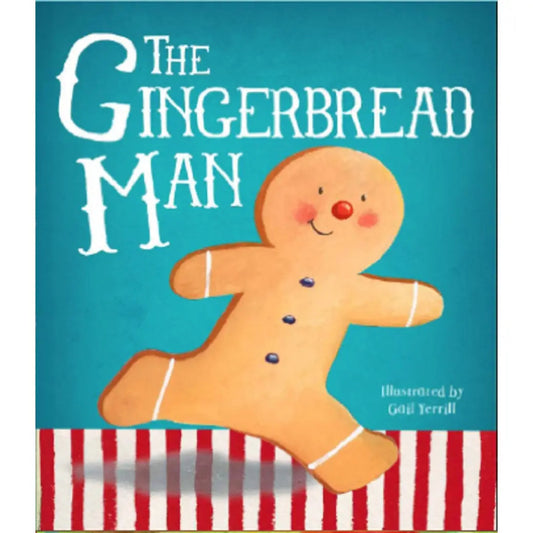 a gingerbread man cookie running across a table with a red and white stripped tablecloth