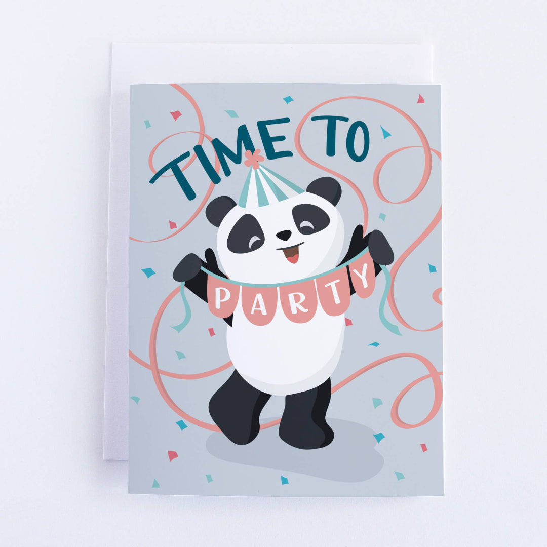 birthday card with a panda on the front holding a banner that says time to party