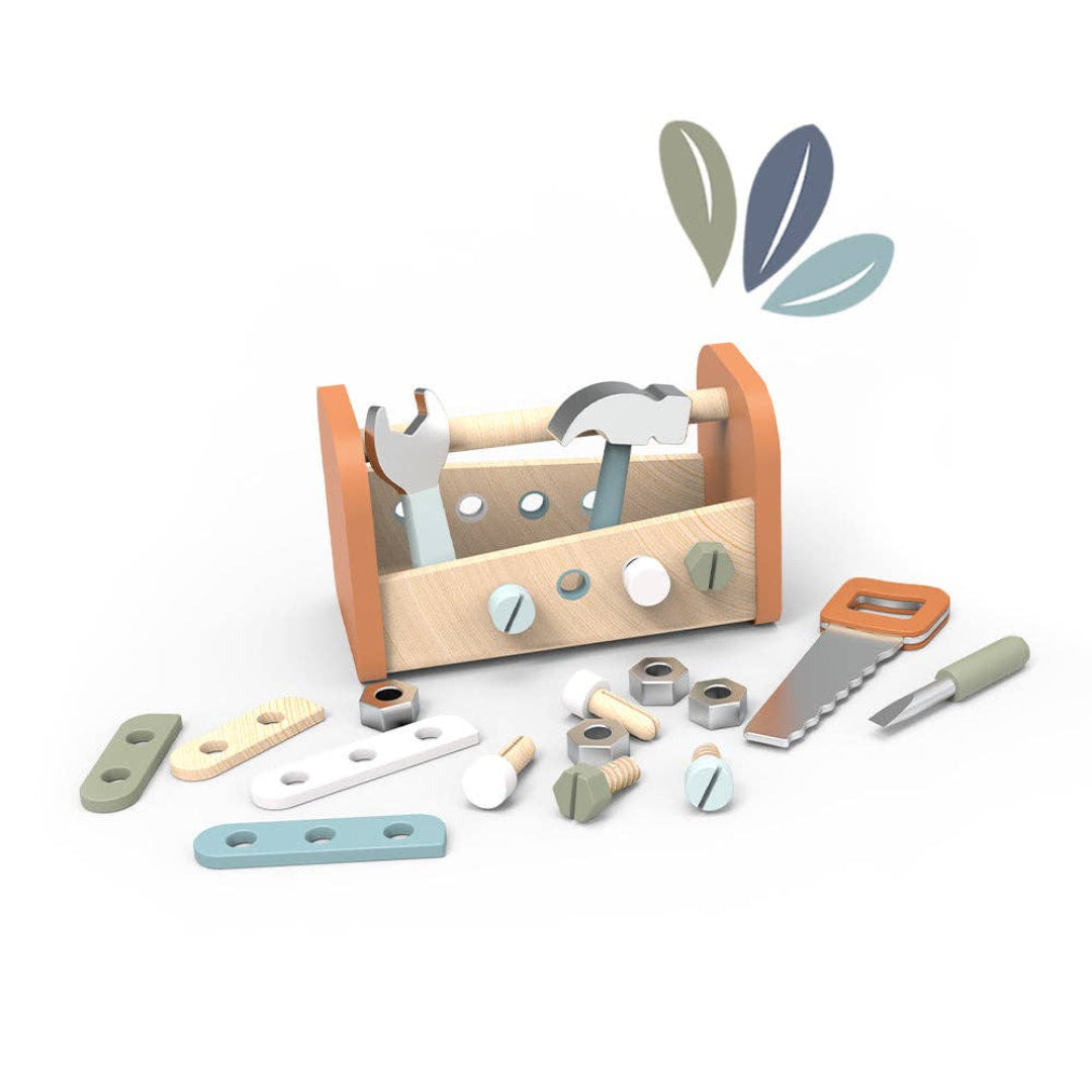 Wooden toy toolbox with tools and components on a white background