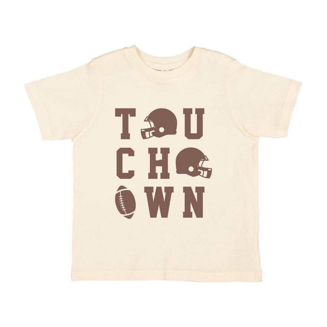 shirt that says touchdown with a football and 2 football helmets