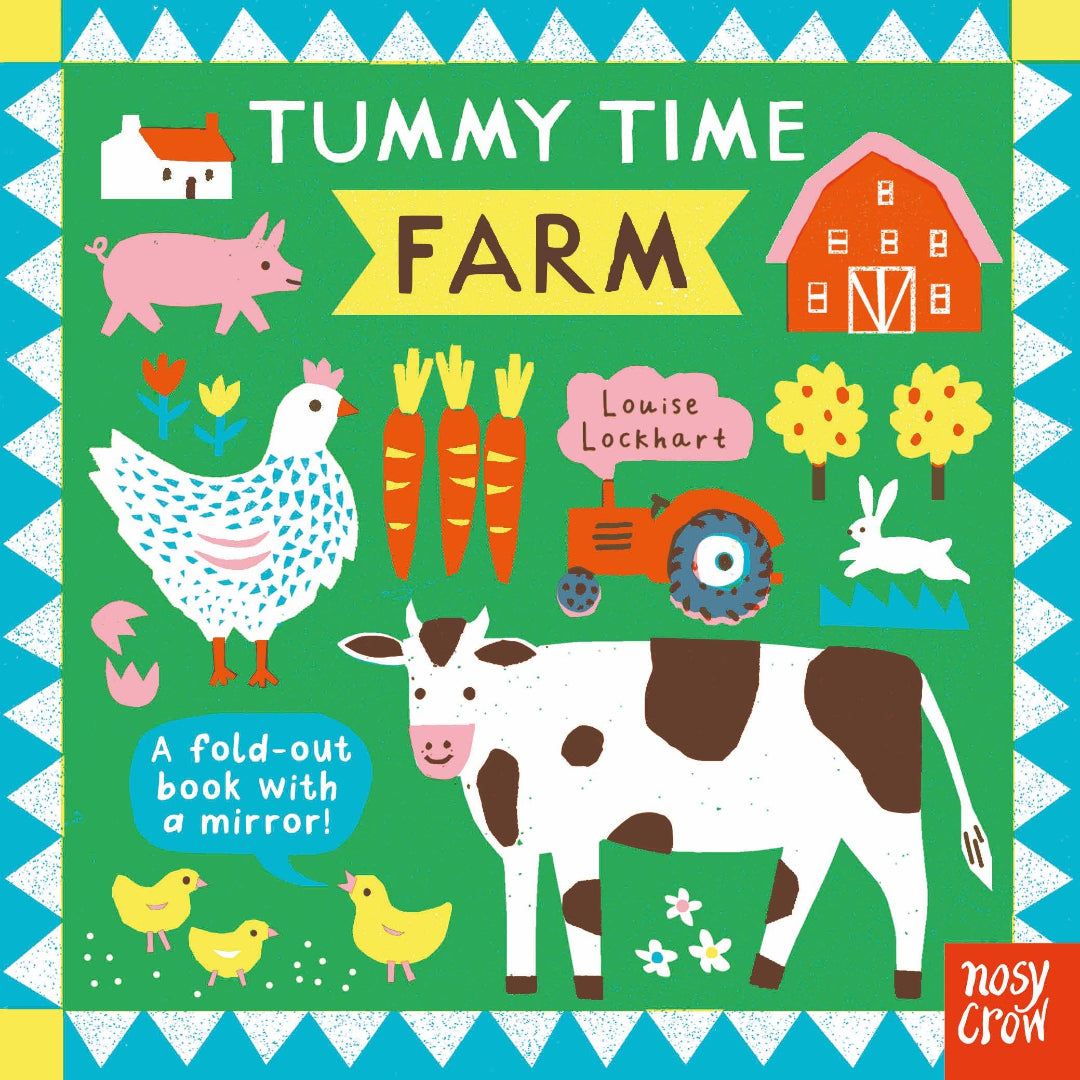tummy time farm board book with farm animals all over the cover