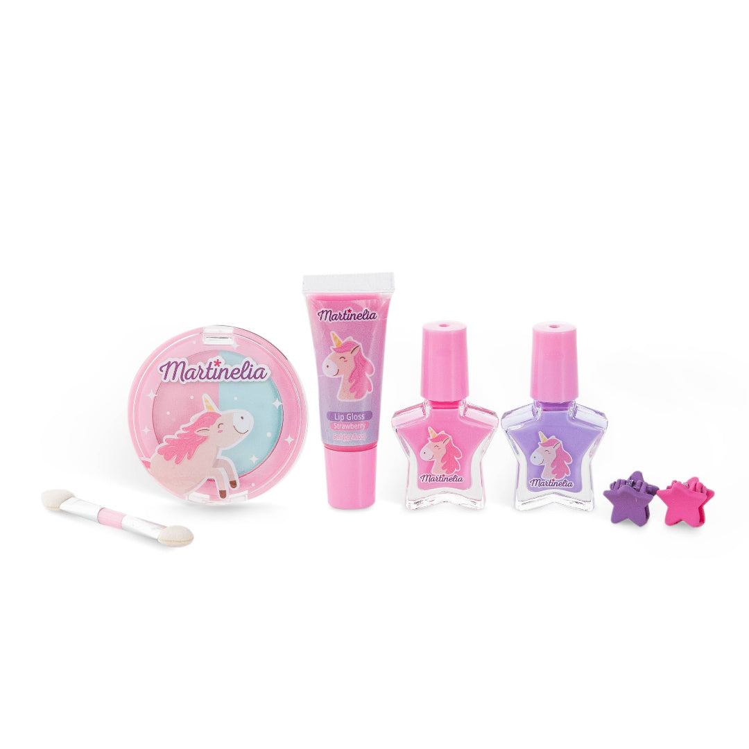 little girls beauty set including blush, nail polish, lip gloss and hair clips