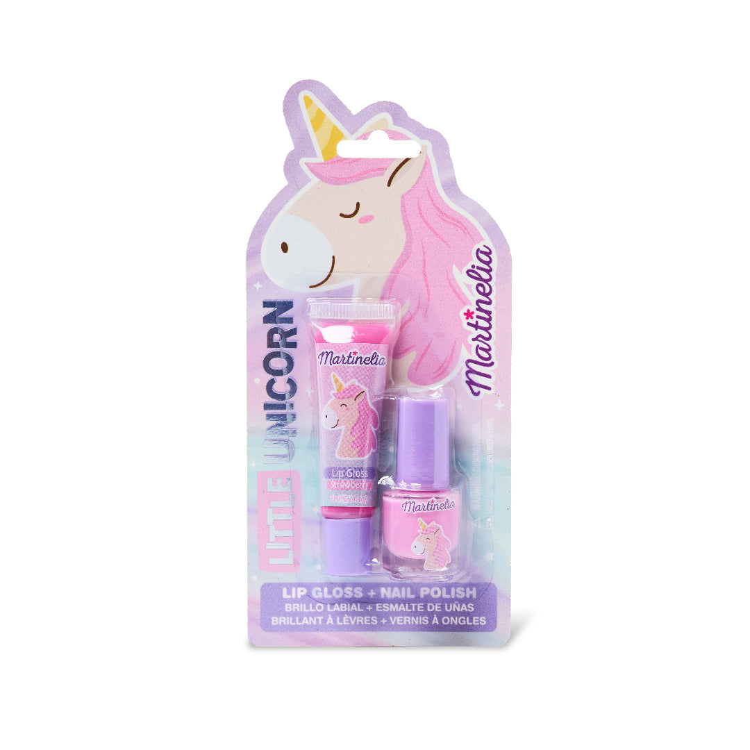 pink strawberry flavored lip gloss and pink nail polish with unicorns on both