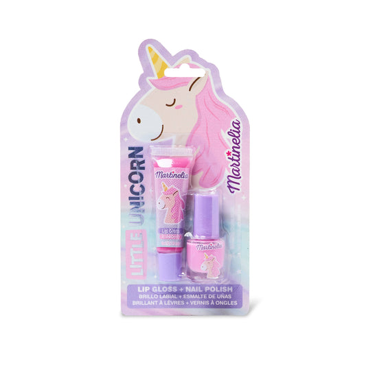 pink strawberry flavored lip gloss and pink nail polish with unicorns on both