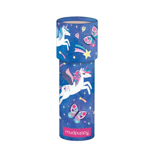 Blue cylindrical container with unicorn and butterfly designs on a white background