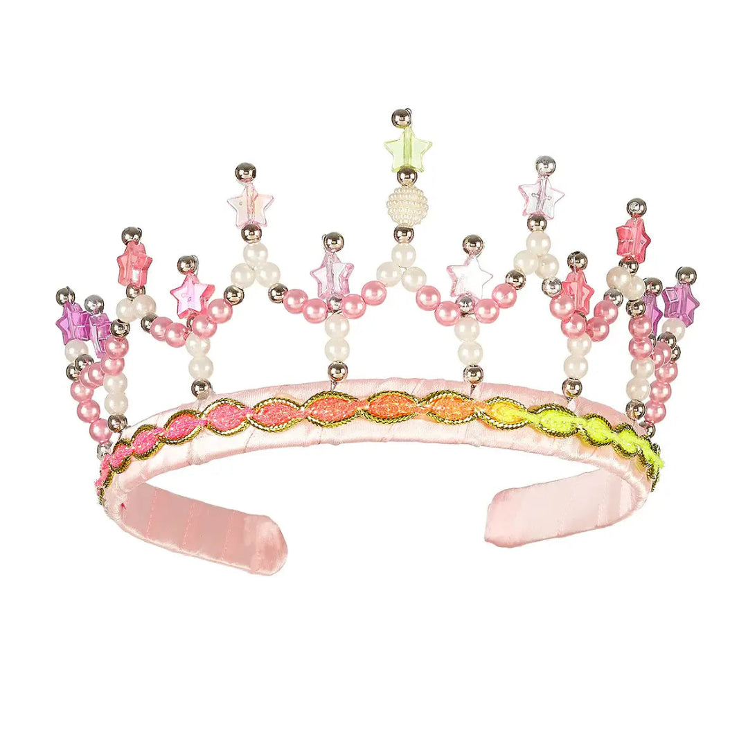 Pink, white and purple crown with beads on the top