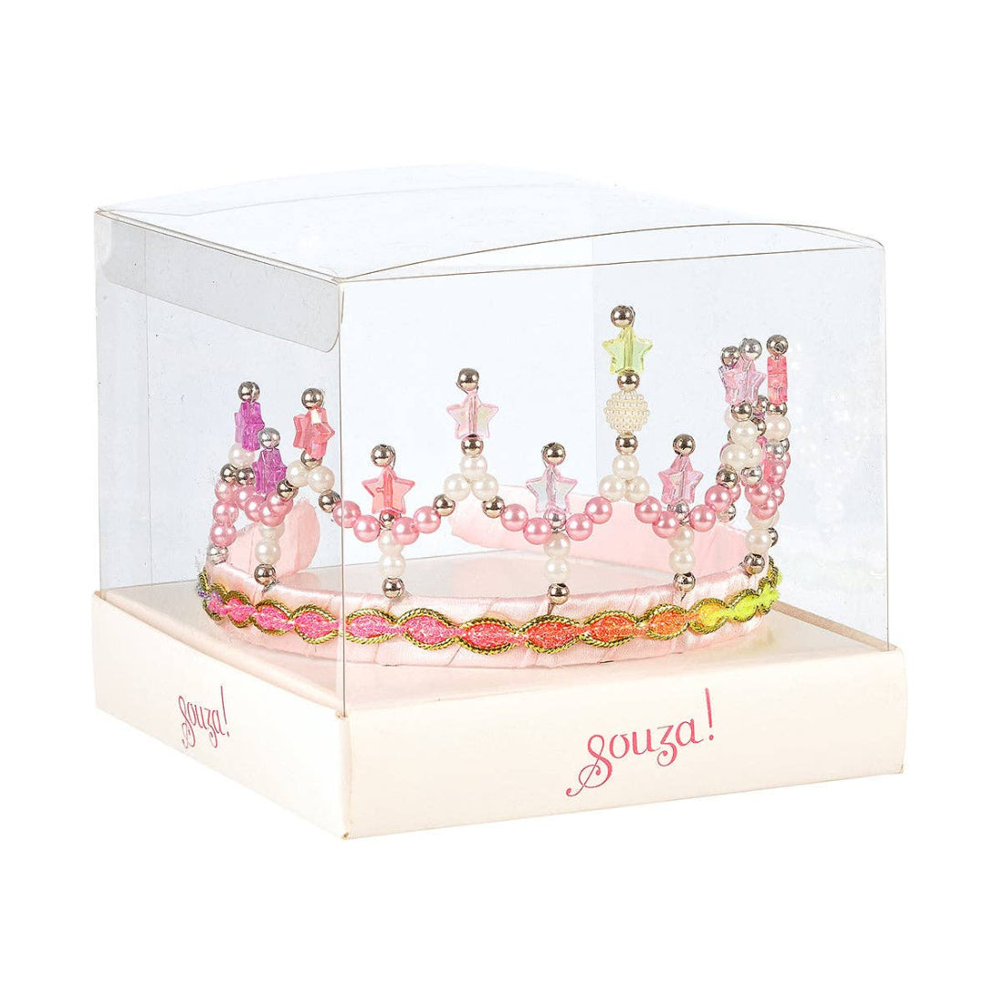 a little girls dress up crown with pink, white, and purple beads on it