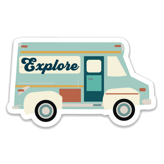 the "explore camper van" sticker. a blue and white van with orange tones. the word "explore" is printed on the window.