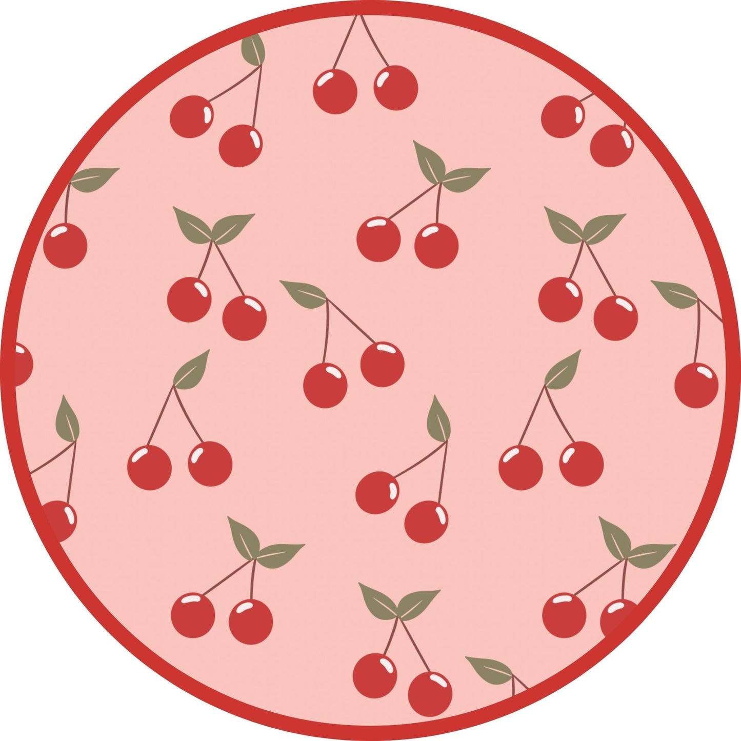 Circular pink plate with red cherry pattern