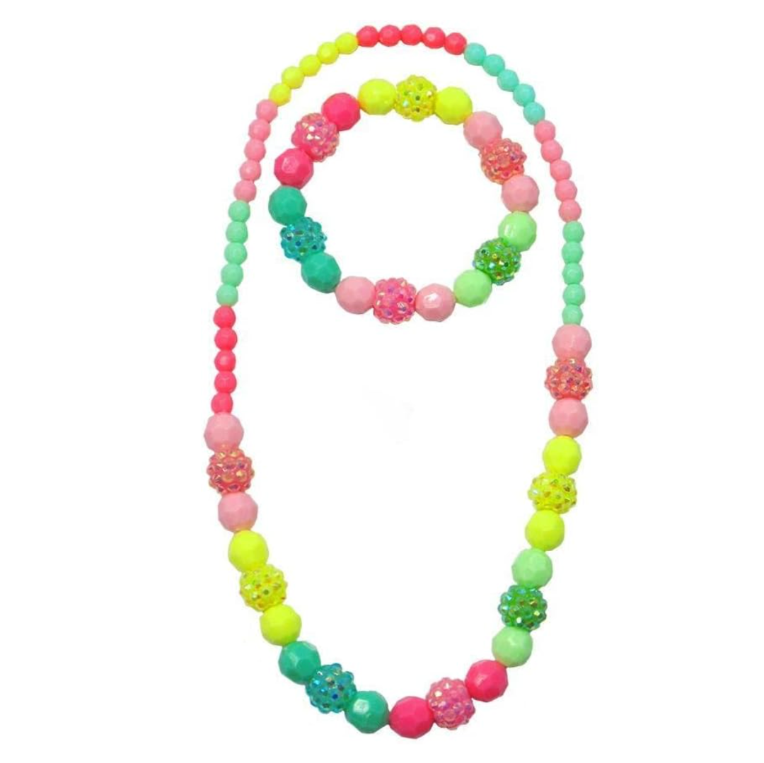 a vibrant multiple colored necklace and bracelet set thats bright pink, light pink, yellow, teal, and green