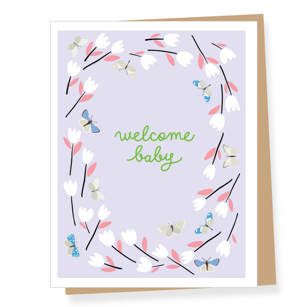 light purple card with flowers and butterflies that says welcome baby