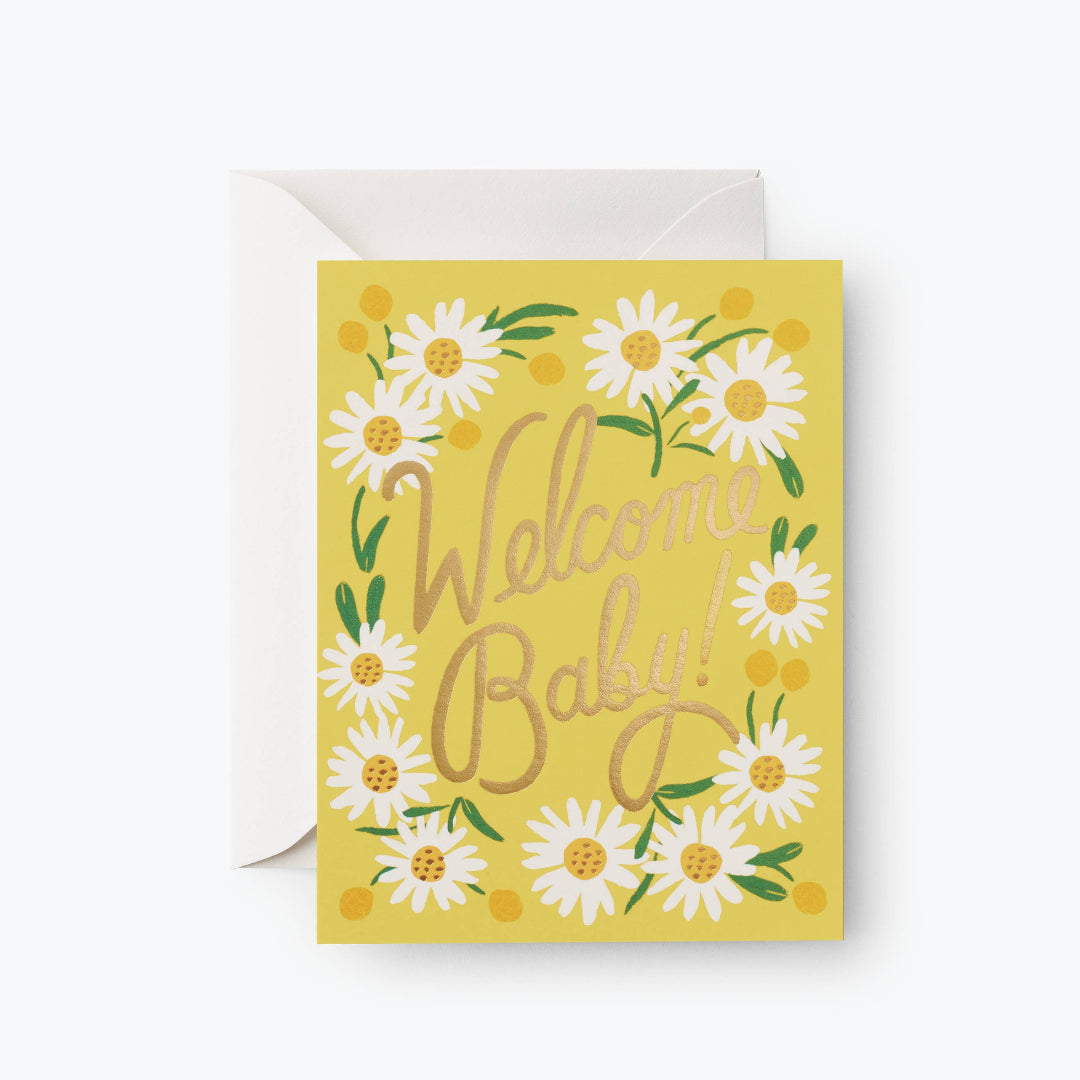 yellow daisy card that says welcome baby!
