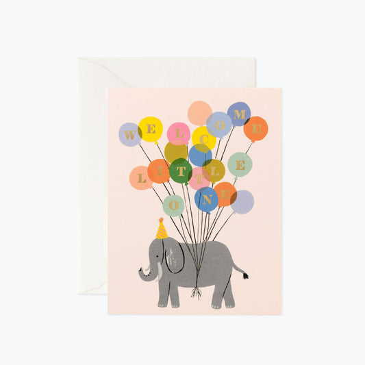 welcome little one greeting card with an elephant holding balloons