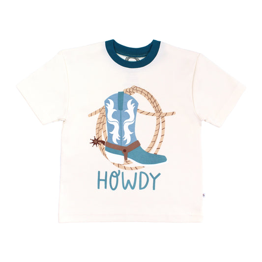 Our Emerson and Friend Howdy toddler's tee collection featuring the word "Howdy" in playful, blue letters, perfect for a western outfit.