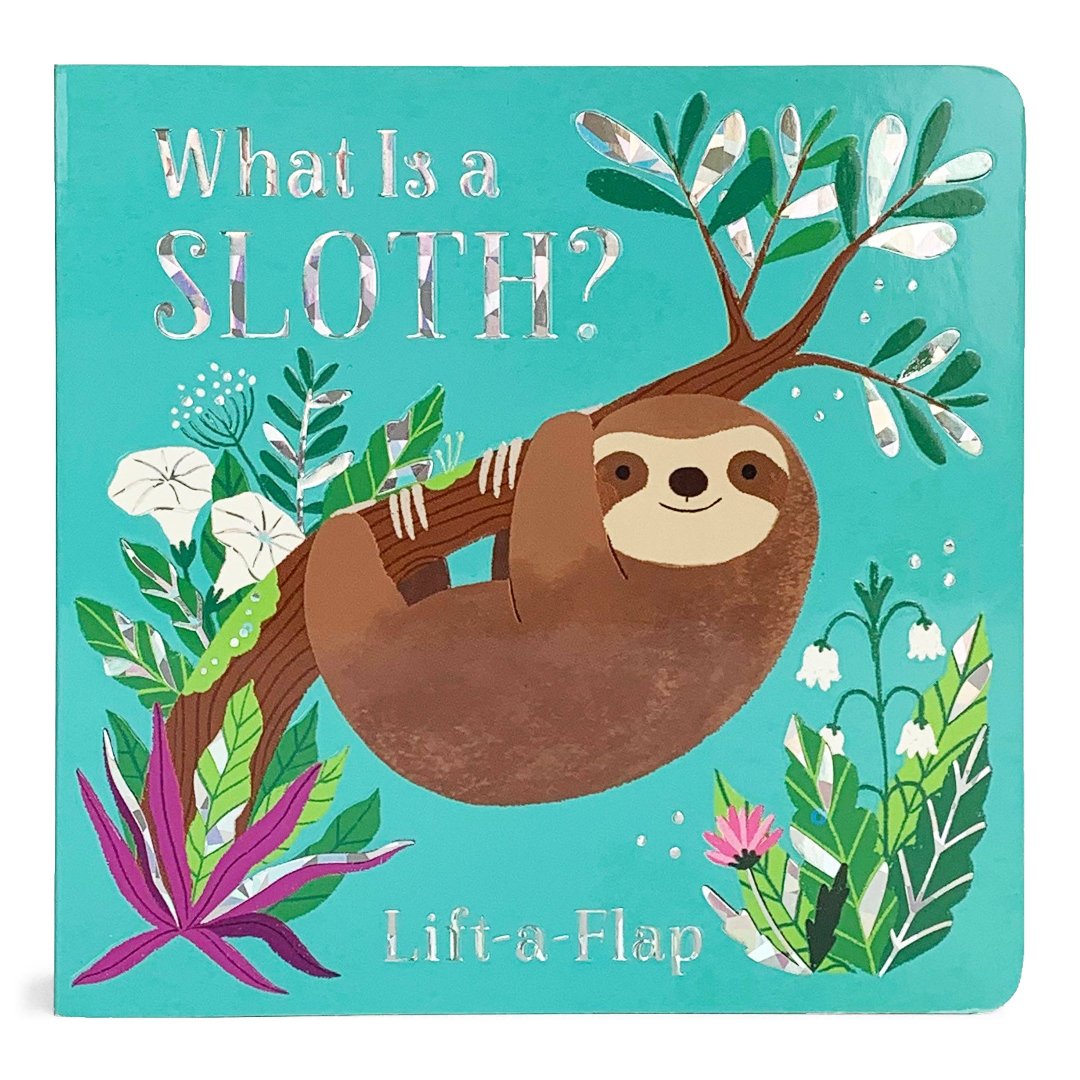 blue board book with a sloth hanging from the tree