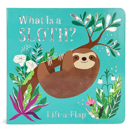 blue board book with a sloth hanging from the tree