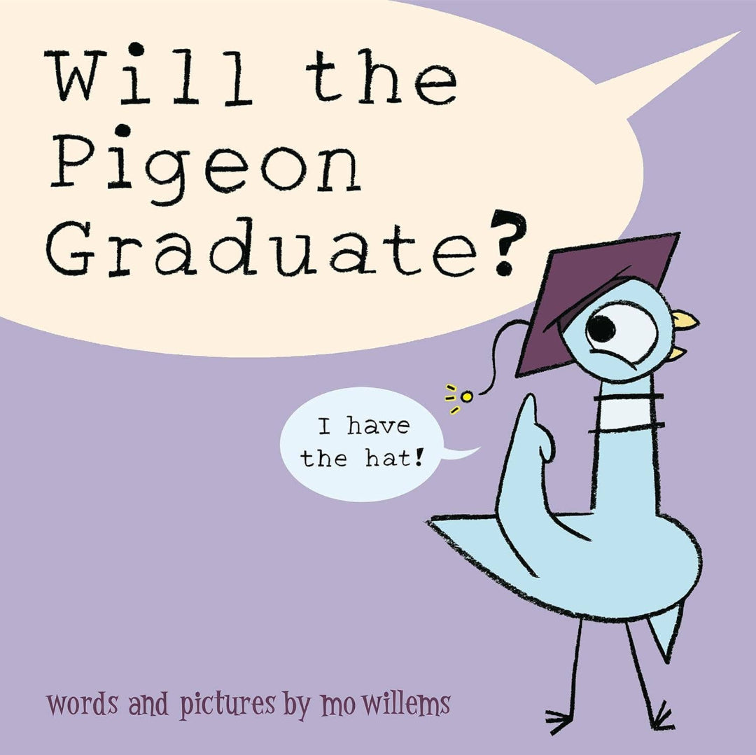 a purple book with a pigeon wearing a graduation cap