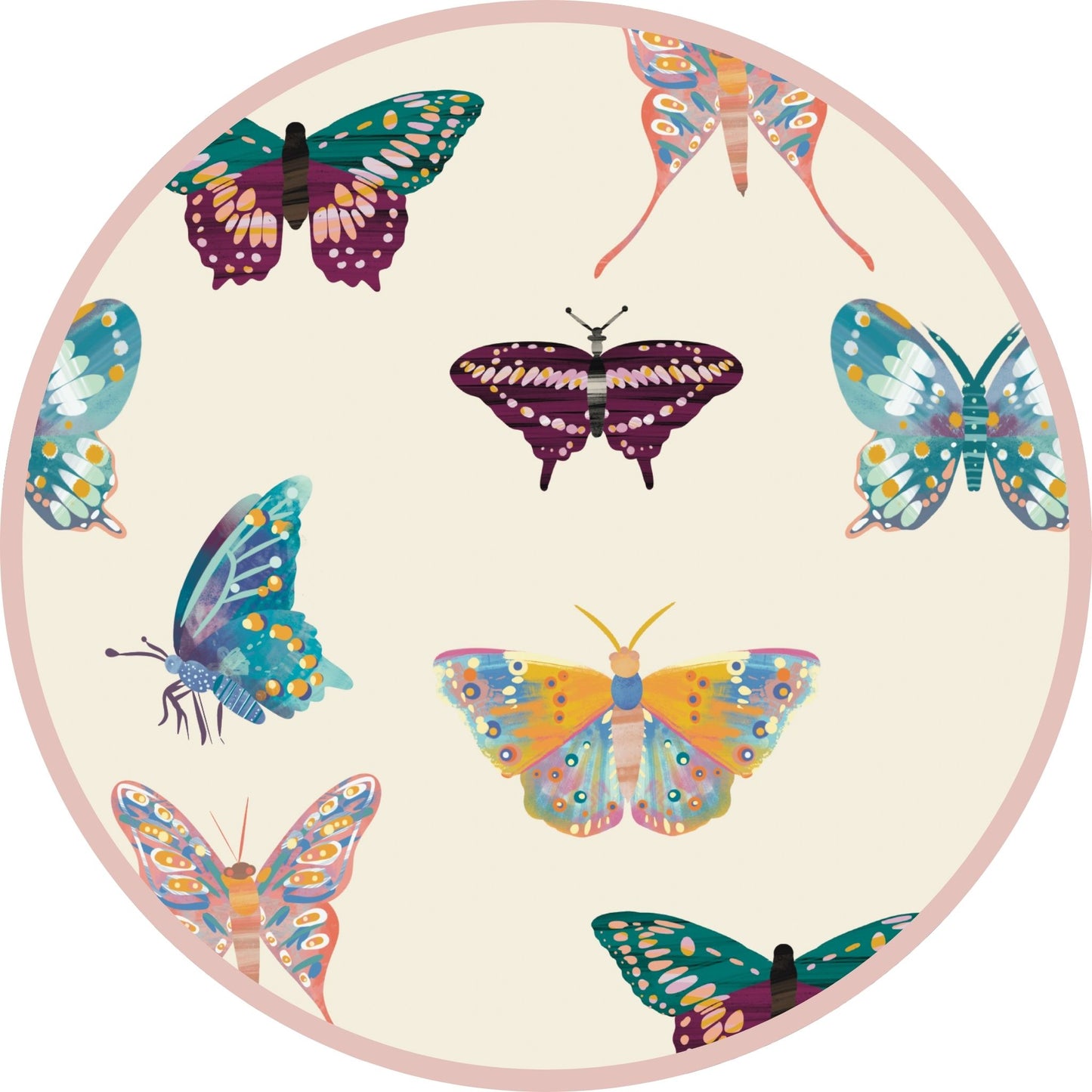 Round rug with colorful butterfly design on a beige background