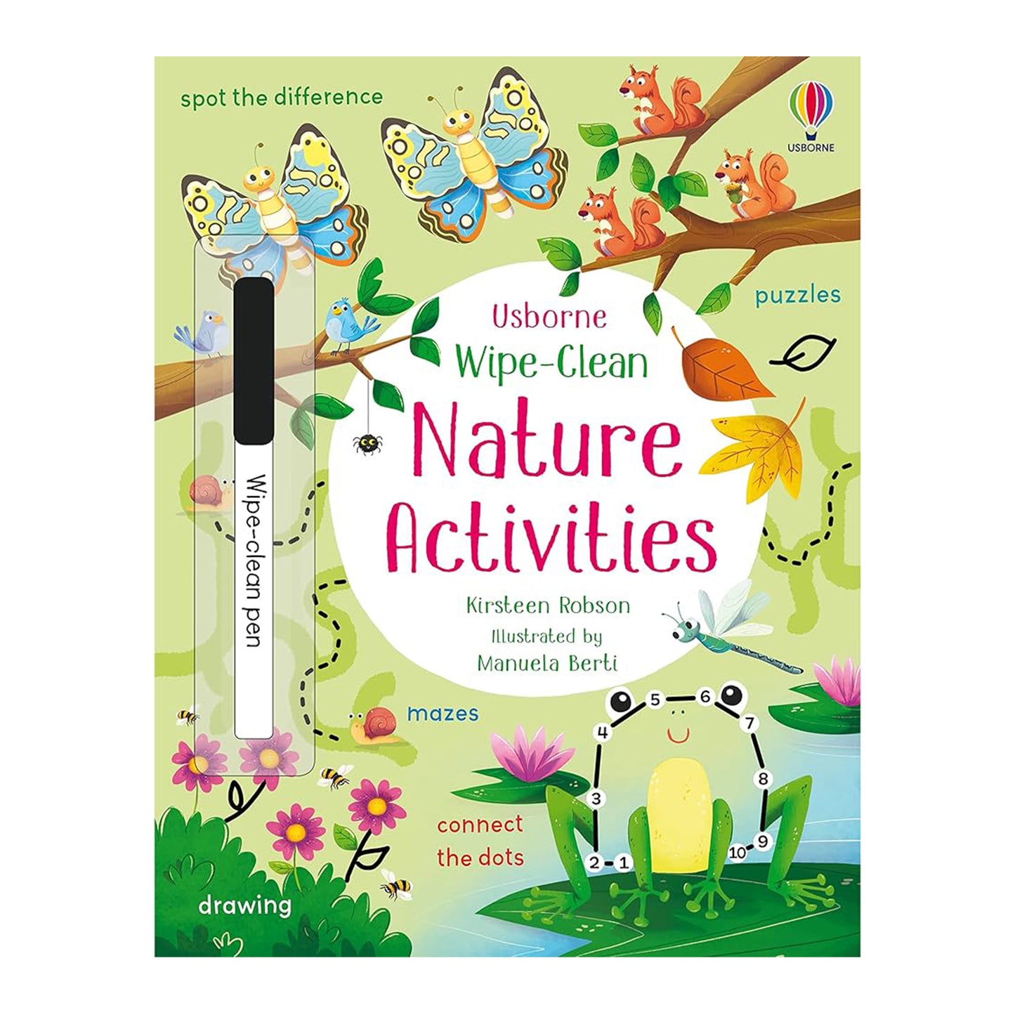 Usborne Wipe-Clean Nature Activities book cover with colorful illustrations of nature-themed activities.