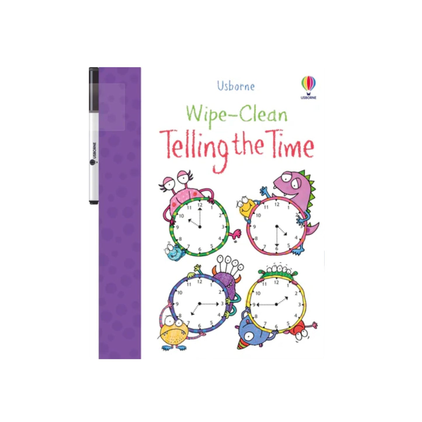 Wipe-clean book titled 'Telling the Time' with colorful clocks on a white background