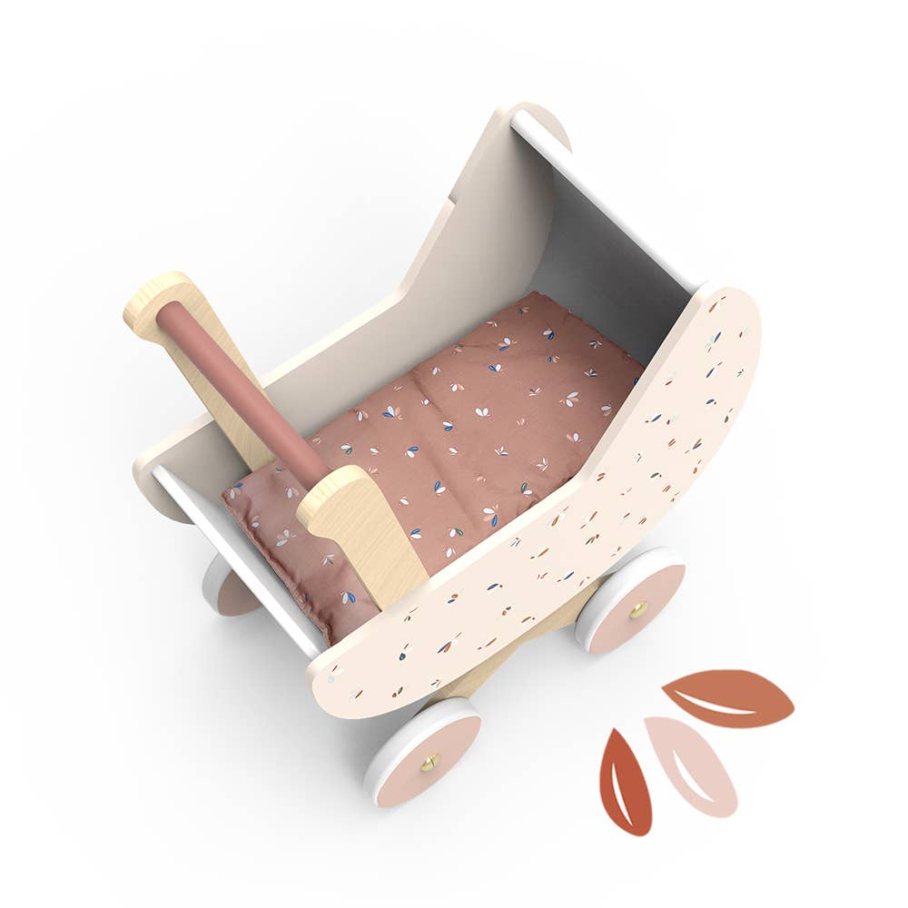 Floral and cream wooden doll pram with a floral fabric mattress inside to lay your doll on