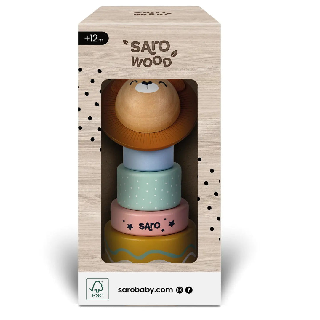 wooden stacking toy with a lion head