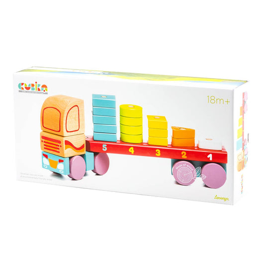 wooden truck with different colored blocks that you stack on rods