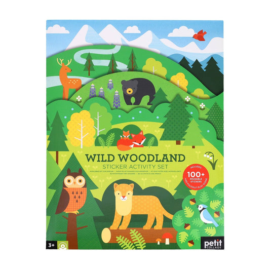 Packaging of a Wild Woodland sticker activity set with forest animals and mountains on a green background.