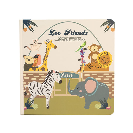the "Zoo Friends" board book. written by Jesse Seifert. illustrated by Nicole Northway.