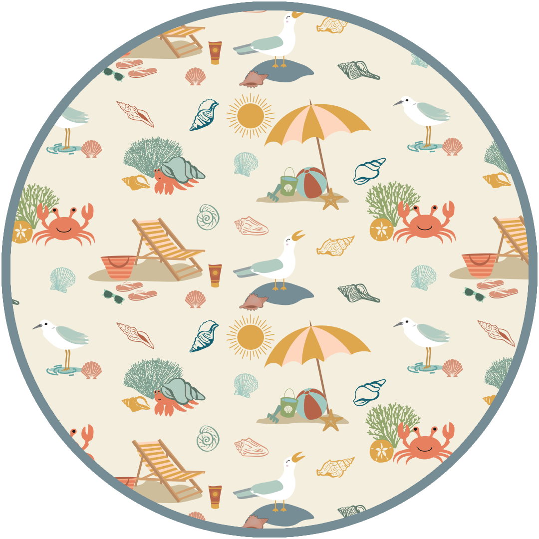 the "beach days" print is a scattered print of beach umbrellas, beach balls, sand buckets and shovels, coral, shells, beach chairs, seagulls, flipflops, and sunglass mixed in a orderly and creative way.