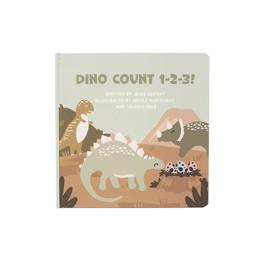 the book "dino count 1-2-3!" written by Jessie Seifert. Illustrated by Nicole Northway and Valeria Diaz.