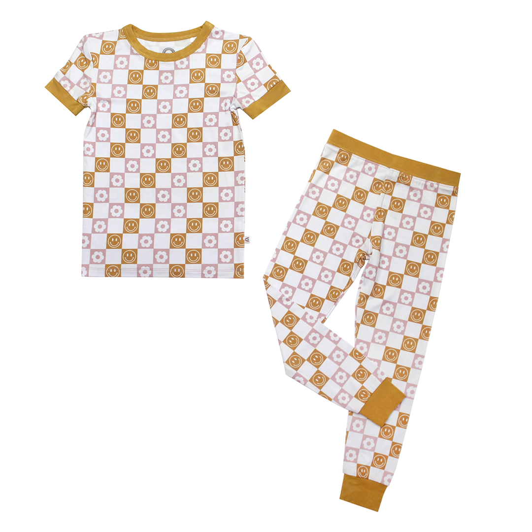 Happy Daze Pink Short Sleeve Bamboo Kids Pajama Pants Set
