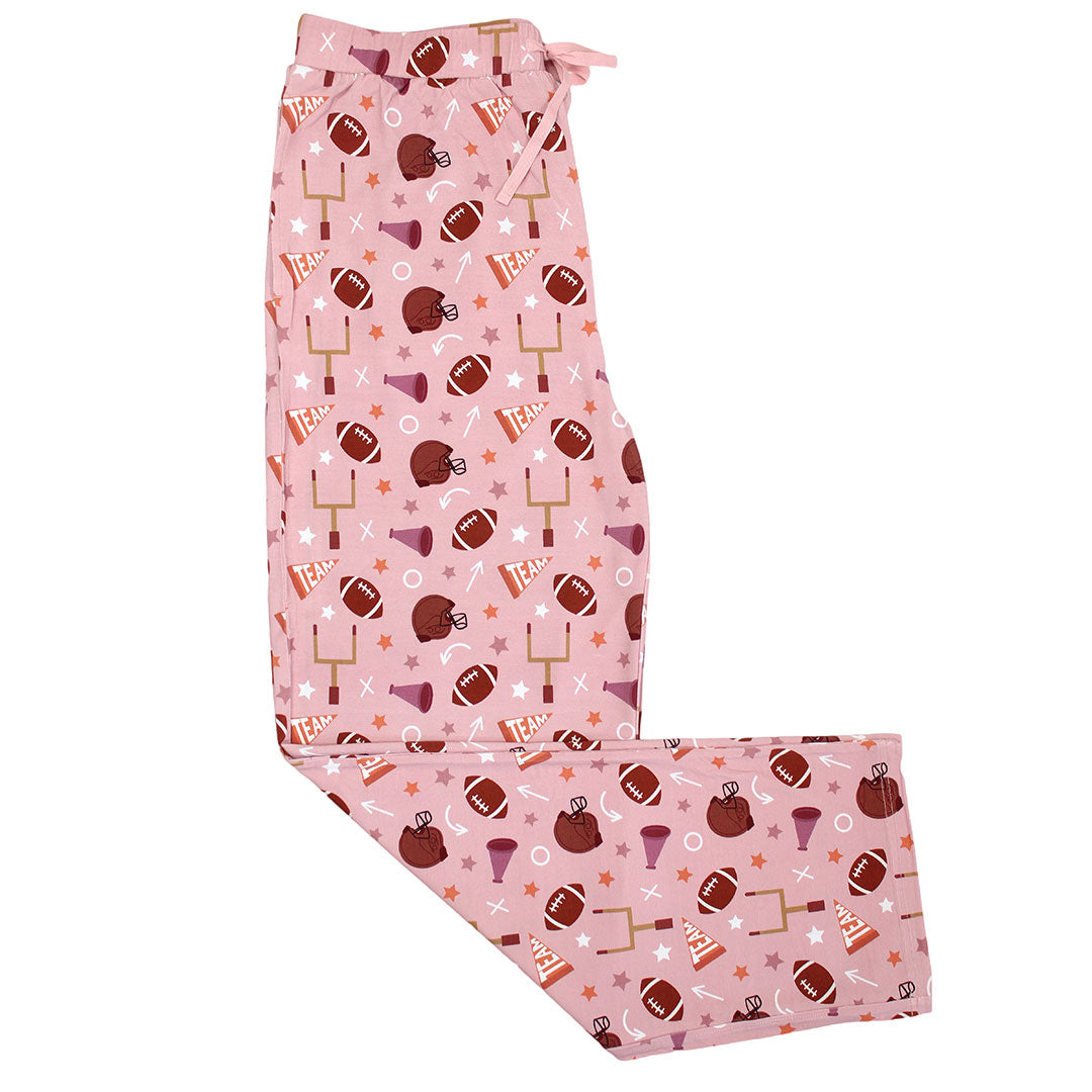 Relaxed fit lounge pajama pants with a rose game day football print, featuring pink and white colors with footballs.