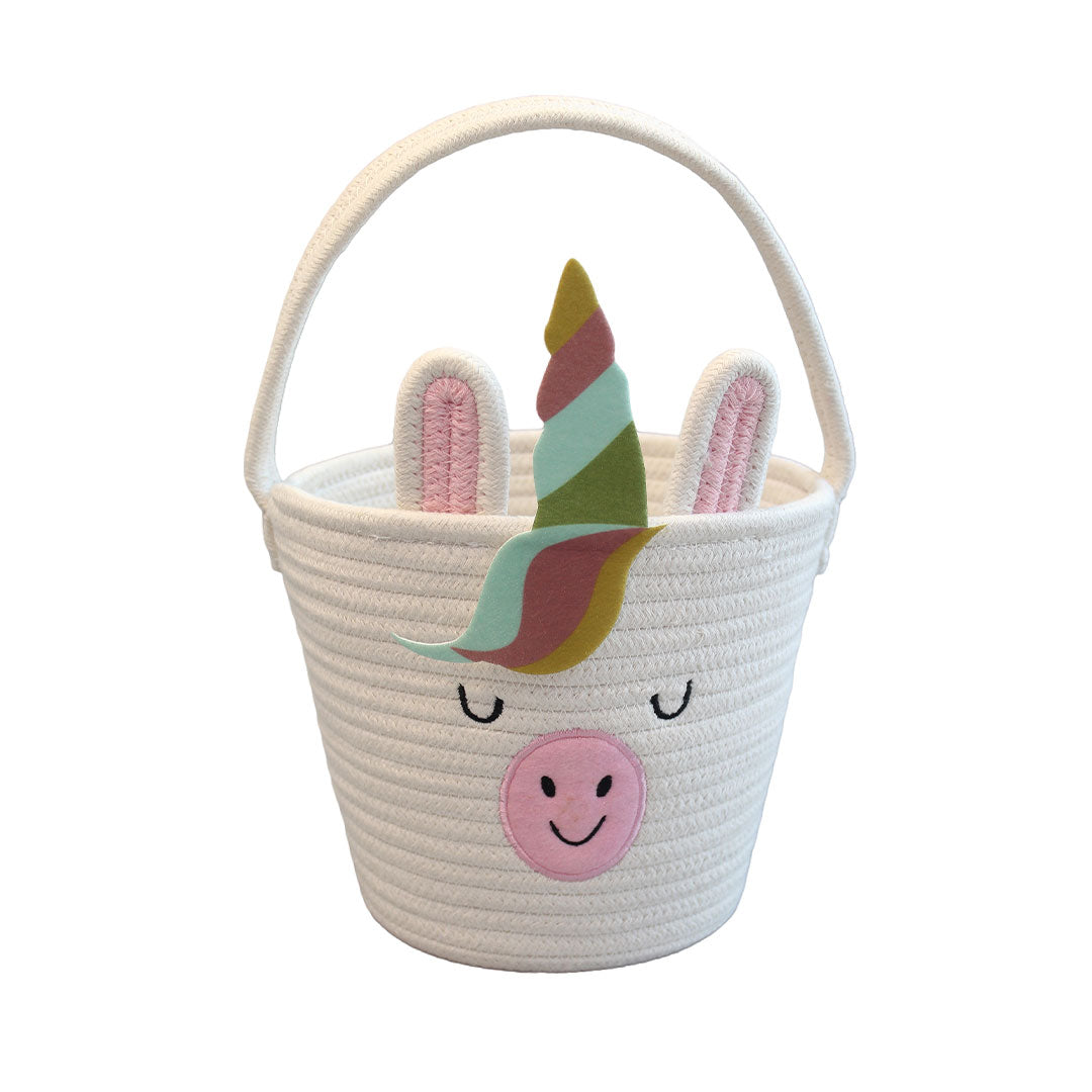 Magical Unicorn Rope Basket on a white background. The unicorn has a rainbow horn, hair, and white/pink ears.