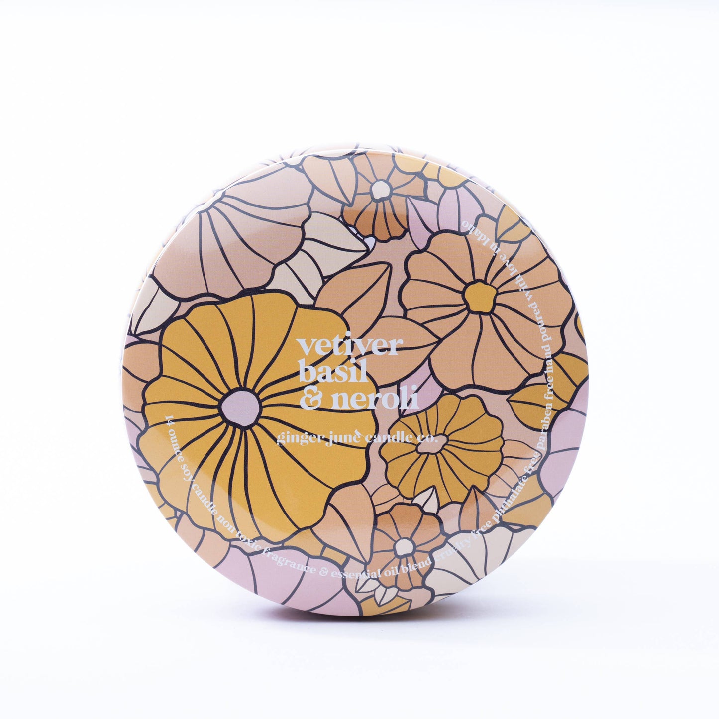 Vetiver, Basil, and Neroli 14 oz. Candle in Floral Tin