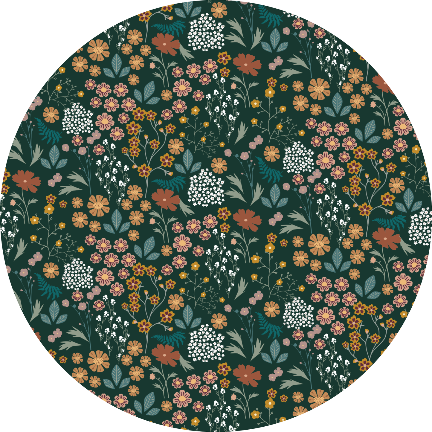 Round fabric swatch with a floral pattern on a dark green background