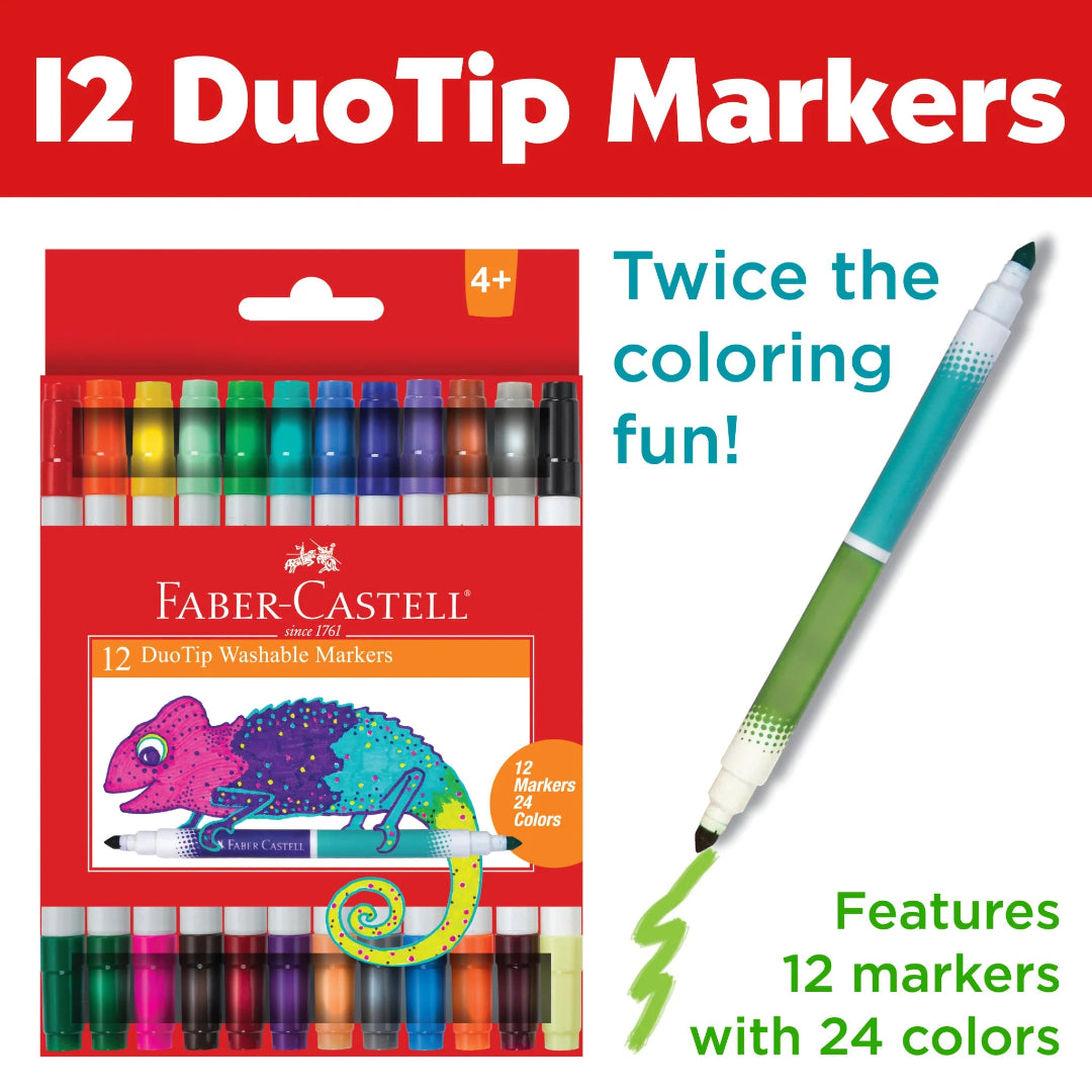 Faber-Castell DuoTip markers packaging with a single marker showing color application on a white background.